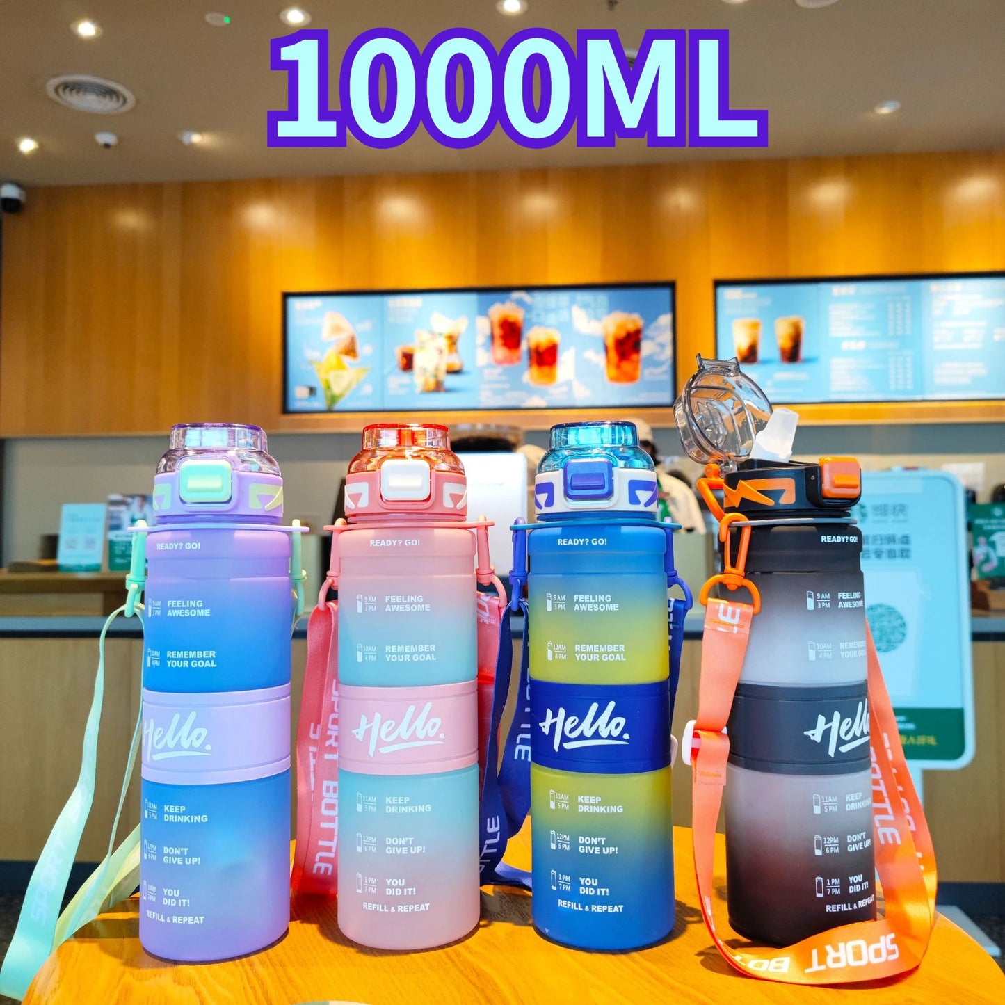 1000ML large-capacity fitness sports water bottle, portable straw water bottle, plastic cup, outdoor sports water bottle.