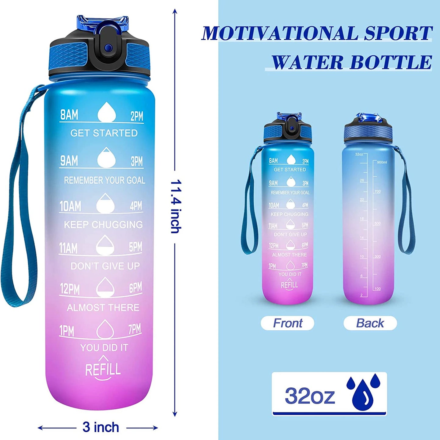 1000ML Water Bottle With Time Marker Plastic Motivational Water Bottle Drinking Bottle for Gym Sports Outdoor Travel Work 1PC